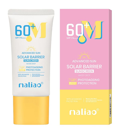 Naliao 60+M Solar Barrier Sunscreen SPF 50+ in a white squeeze tube with a yellow cap, shown next to its pink and yellow retail box on a white background.