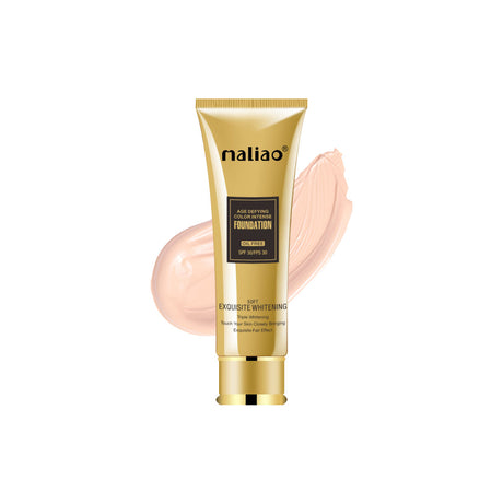 Gold tube of maliao foundation with a swatch on a white background. maliao.pk