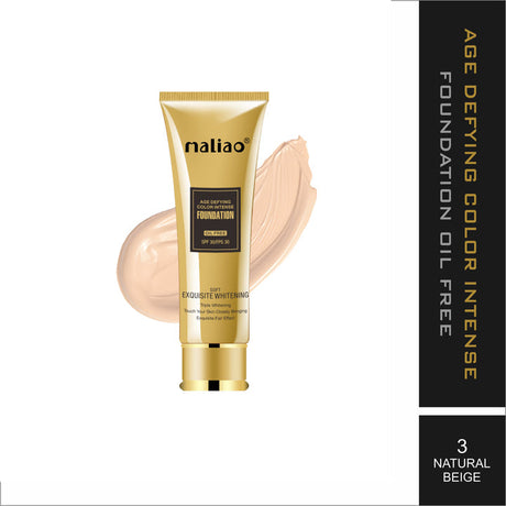 Gold foundation tube with applicator and packaging on a white background. maliao.pk