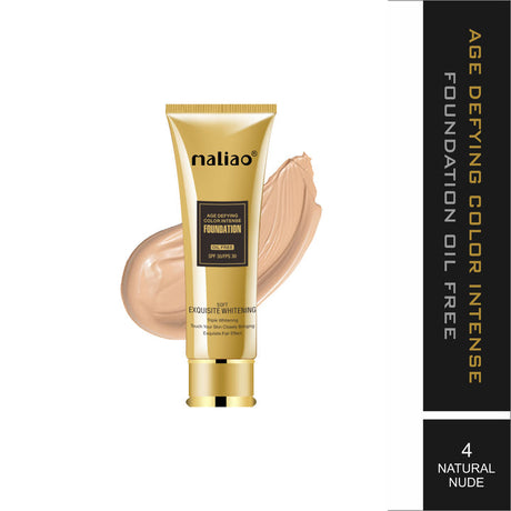 Gold-colored foundation tube with 'Maliao' branding on a white background. maliao.pk