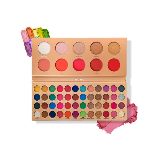 Makeup palette with various colors on a white background. maliao.pk