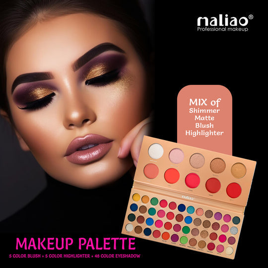 Makeup palette with a woman's face wearing dramatic makeup, featuring the brand 'maliao'. maliao.pk