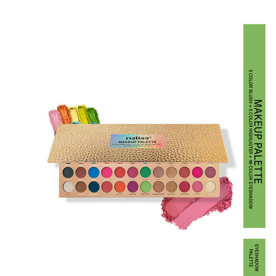 Makeup palette with colorful shades and a pink blush on a white background. maliao.pk