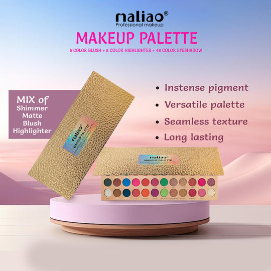 Makeup palette with sponge applicator and Maliao branding on a gradient background. maliao.pk