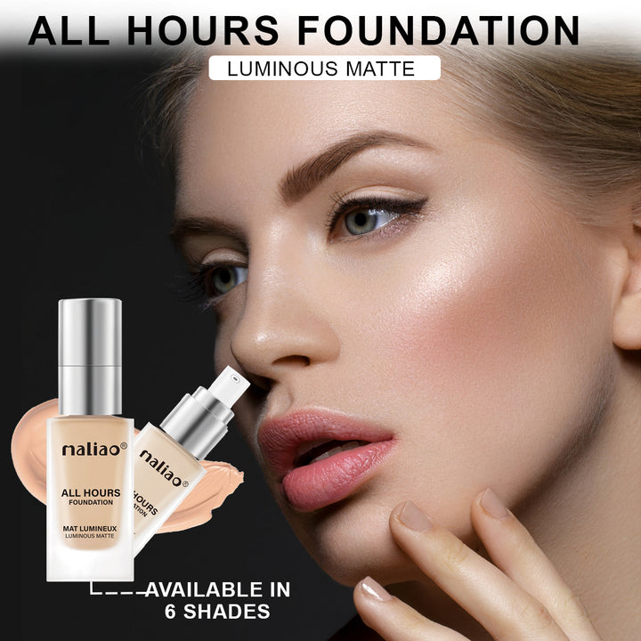 Mailao All Hours Foundation with a model wearing it, on a dark background. maliao.pk