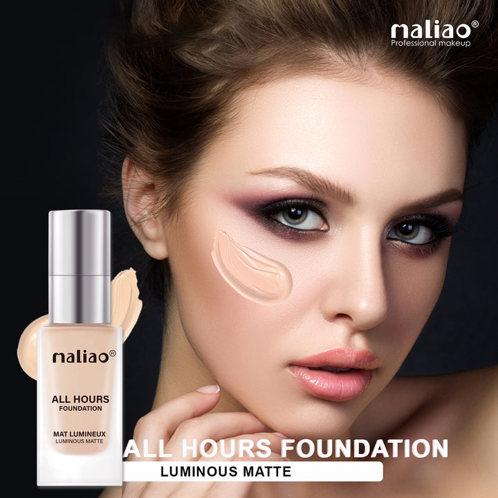 Woman with makeup and Maliao foundation bottle on a dark background. maliao.pk
