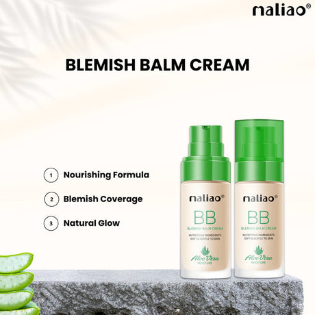 Maliao blemish balm cream bottles with aloe vera leaves on a light background. maliao.pk