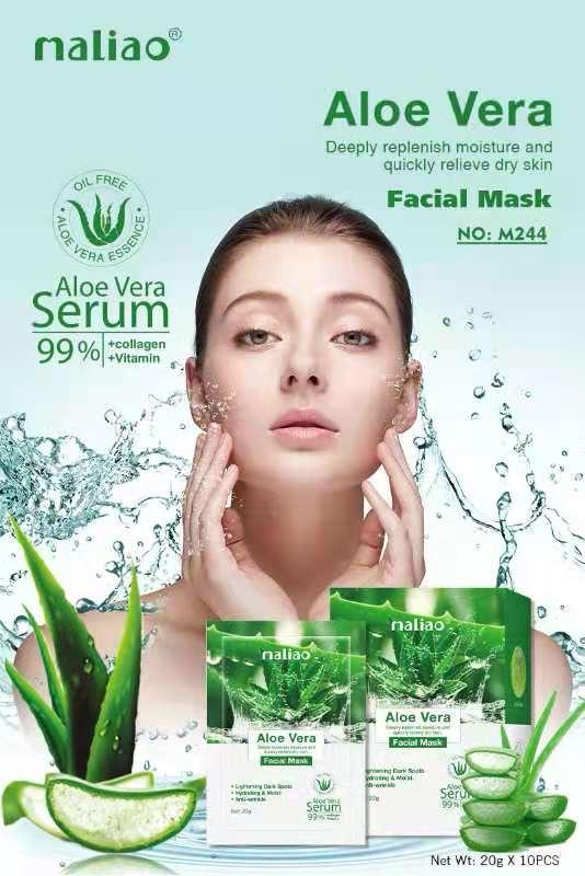 Advertisement for maliao Aloe Vera facial mask and serum with a woman touching her face.maliao.pk