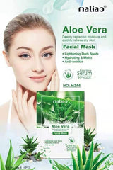 Aloe Vera facial mask packaging with a woman's face on a white background.maliao.pk