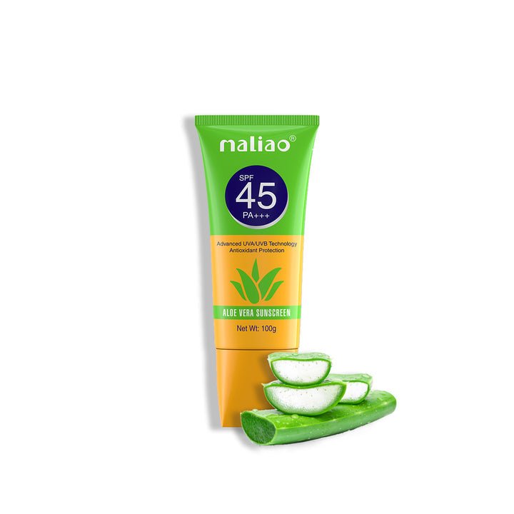Maliao aloe vera sunscreen tube with aloe vera slices on a white background. maliao.pk