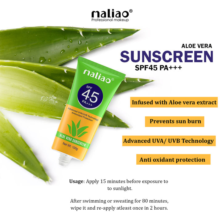 Maliao aloe vera sunscreen tube with aloe vera leaves on a white background. maliao.pk
