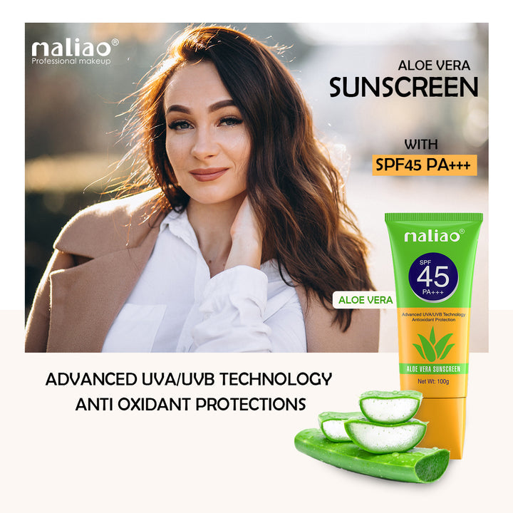 Maliao Aloe Vera Sunscreen with SPF45 PA+++ on a blurred outdoor background. maliao.pk