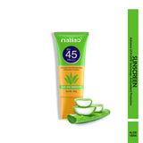 Sunscreen tube with aloe vera slices on a white background. maliao.pk