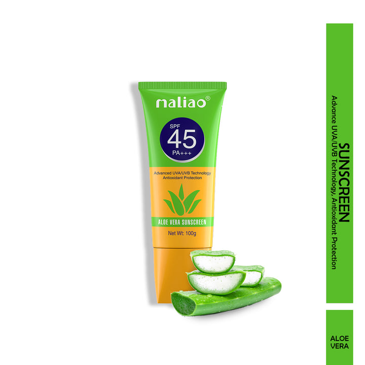 Sunscreen tube with aloe vera slices on a white background. maliao.pk