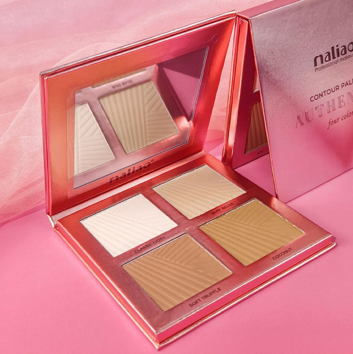 Makeup palette with four shades on a pink background, featuring the brand 'Maliao'. maliao.pk