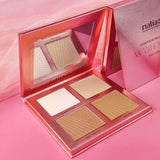 Makeup palette with four shades on a pink background, featuring the brand 'Maliao'. maliao.pk