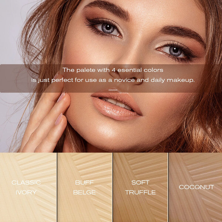 Close-up of a woman's face with makeup and color swatches labeled 'Classic Ivory', 'Buff Beige', 'Soft Truffle', and 'maliao'. maliao.pk