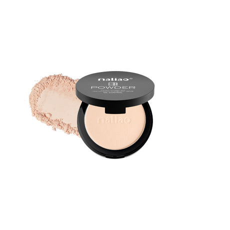 Compact powder with a black lid and visible brand name on a white background. maliao.pk