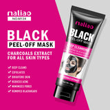 Maliao black peel-off mask packaging with product details on a pink background. maliao.pk