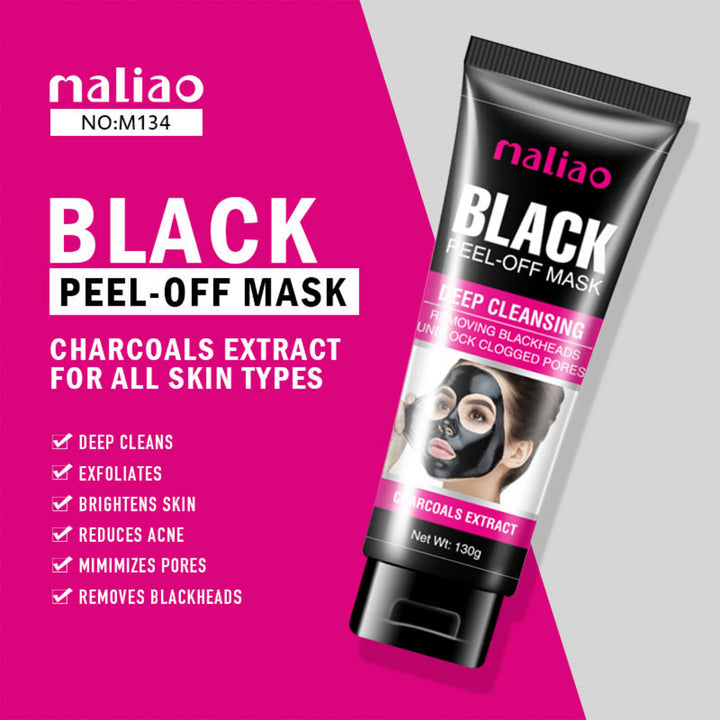 Maliao black peel-off mask packaging with product details on a pink background. maliao.pk