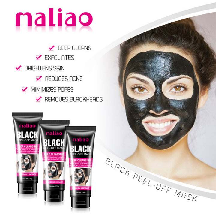 Maliao black peel-off mask with a woman wearing it, showing product and benefits. maliao.pk