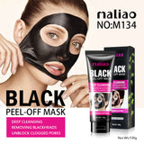 Woman wearing a black peel-off mask with maliao Black Peel-Off Mask packaging and product on a white background. maliao.pk