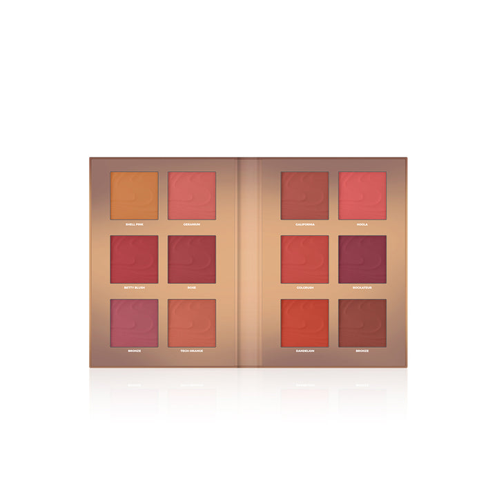 Makeup palette with various shades of red and brown on a white background