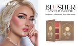 Woman with makeup and Maliao Blusher Contour Palette packaging on a white background