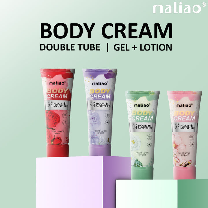 Four tubes of maliao body cream on a light green background