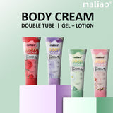 Four tubes of maliao body cream on a light green background