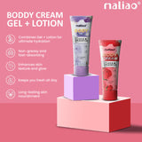 Two tubes of maliao body cream on a pink background with product features listed.