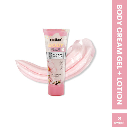 Maliao body cream gel and lotion tube with pink cream on a white background