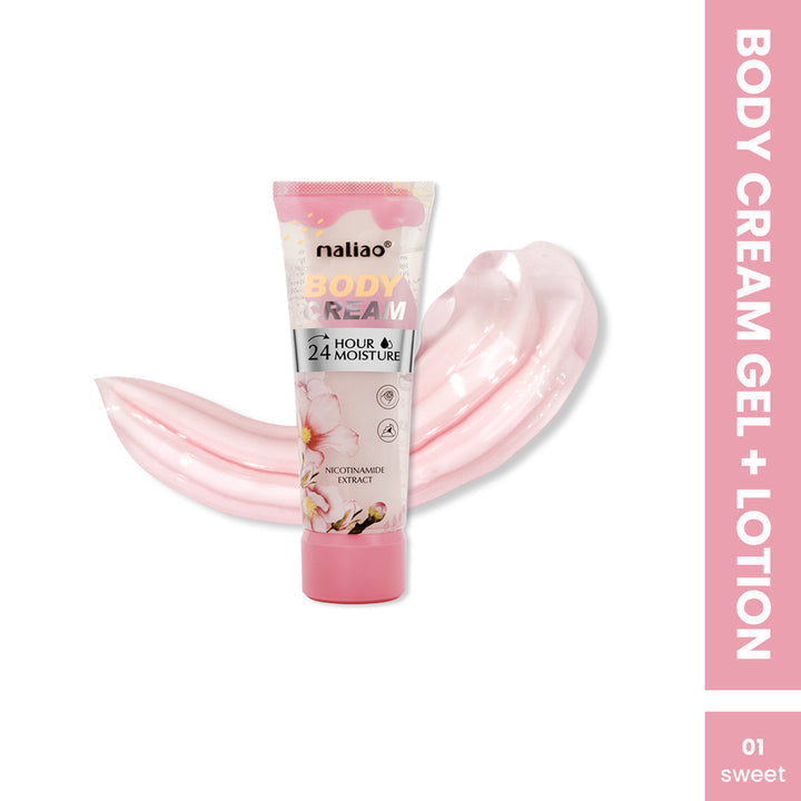 Maliao body cream gel and lotion tube with pink cream on a white background