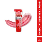 Red tube of Mallao body cream gel with pink cream smear on white background