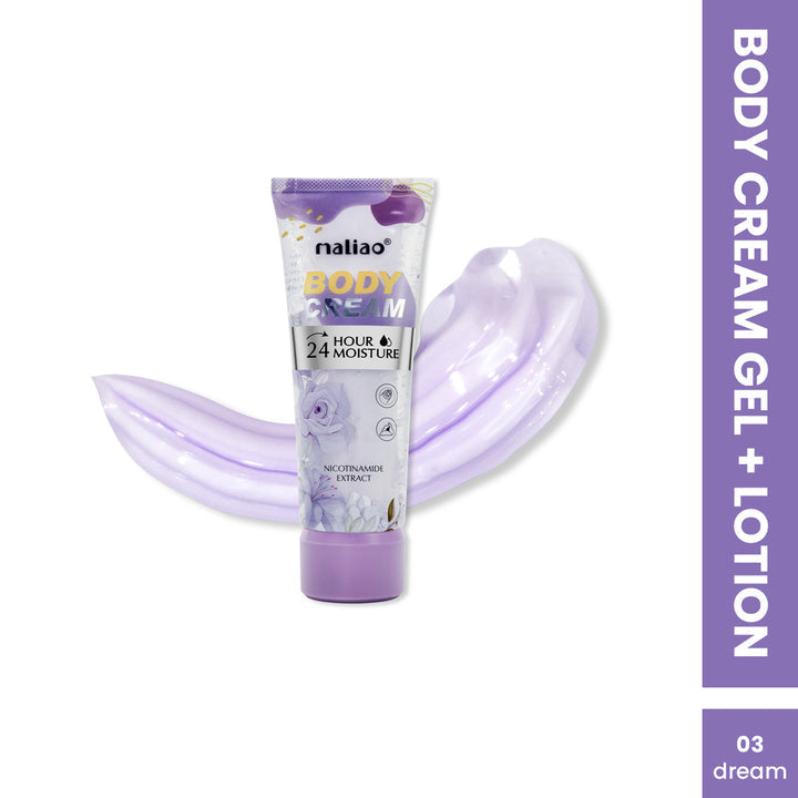 Tube of Maliao body cream gel and lotion with a purple background