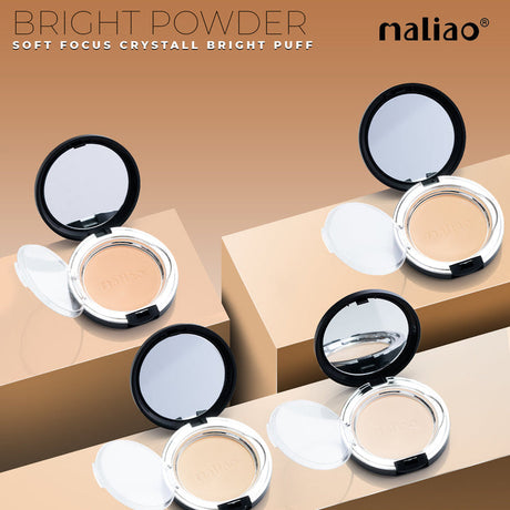 Open makeup compact cases with powder on a beige background, featuring the brand 'maliao'.