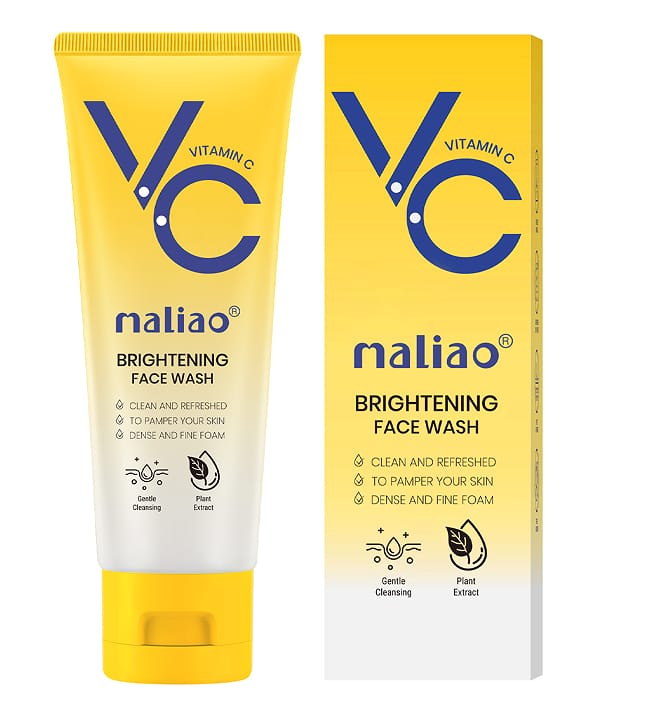 Naliao Brightening Face Wash shown as a yellow and white squeeze tube next to its matching yellow and white retail box, featuring the blue 'VC' logo and product details on a white background.