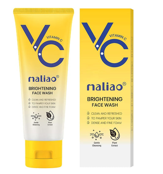 Naliao Brightening Face Wash shown as a yellow and white squeeze tube next to its matching yellow and white retail box, featuring the blue 'VC' logo and product details on a white background.