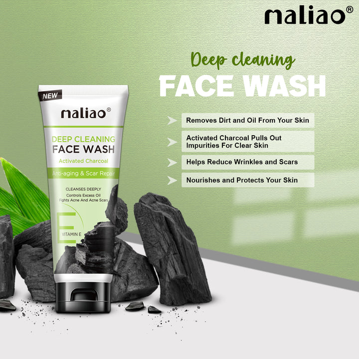 Maliao deep cleaning face wash tube with charcoal on a green background