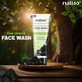 Maliao deep cleaning face wash with activated charcoal on a wooden platform with a natural background