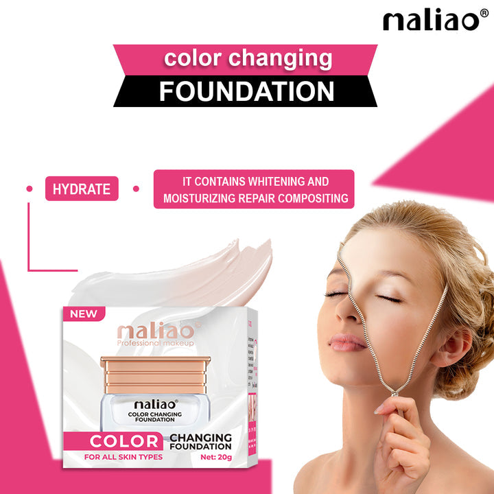 Maliao color changing foundation packaging with a woman applying it on her face against a pink background. maliao.pk