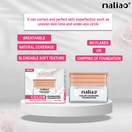 Maliao color-changing foundation packaging with product and box on a gray background. maliao.pk