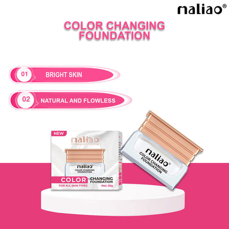 Maliao color-changing foundation with packaging on a white and pink background. maliao.pk