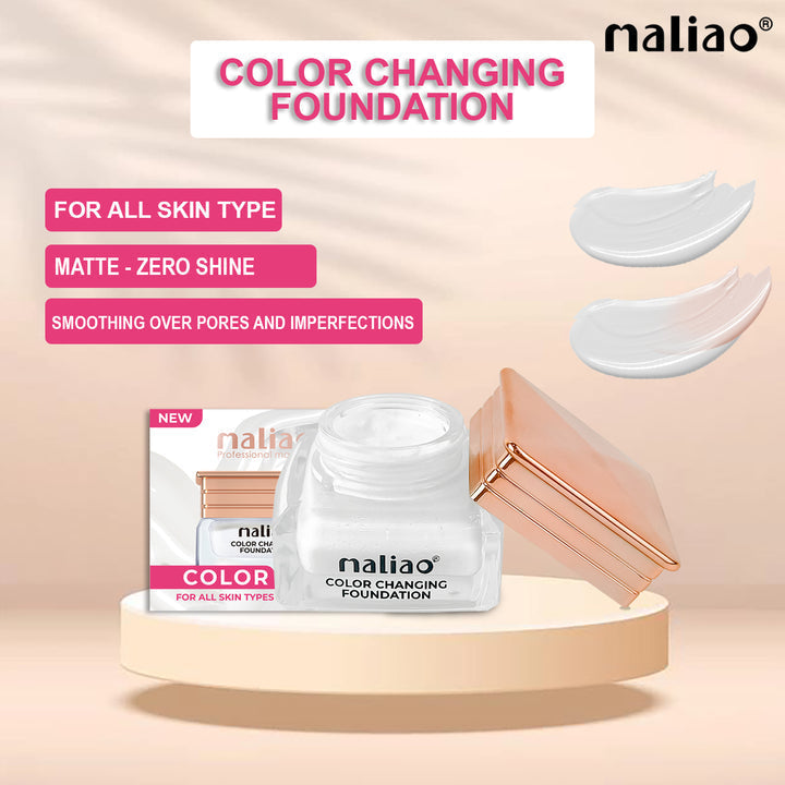 Maliao color-changing foundation jar and packaging on a beige background. maliao.pk