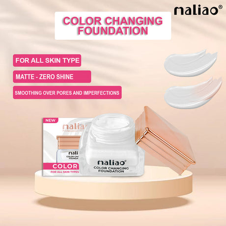 Maliao color-changing foundation jar and packaging on a beige background. maliao.pk