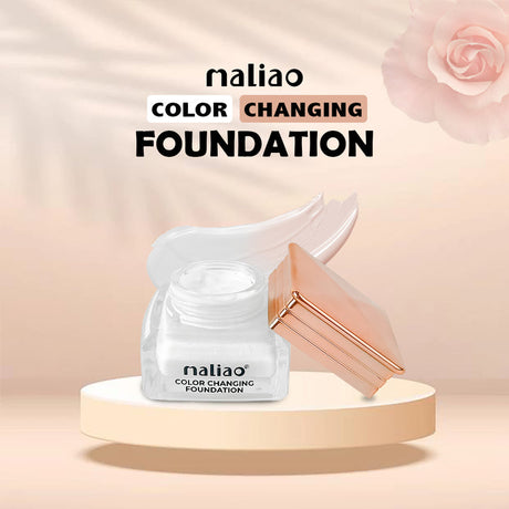 Maliao color-changing foundation jar with applicator on a beige background. maliao.pk