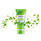 Green tube of maliao Deep Cleansing Green Tea Face Wash with green leaves on a white background