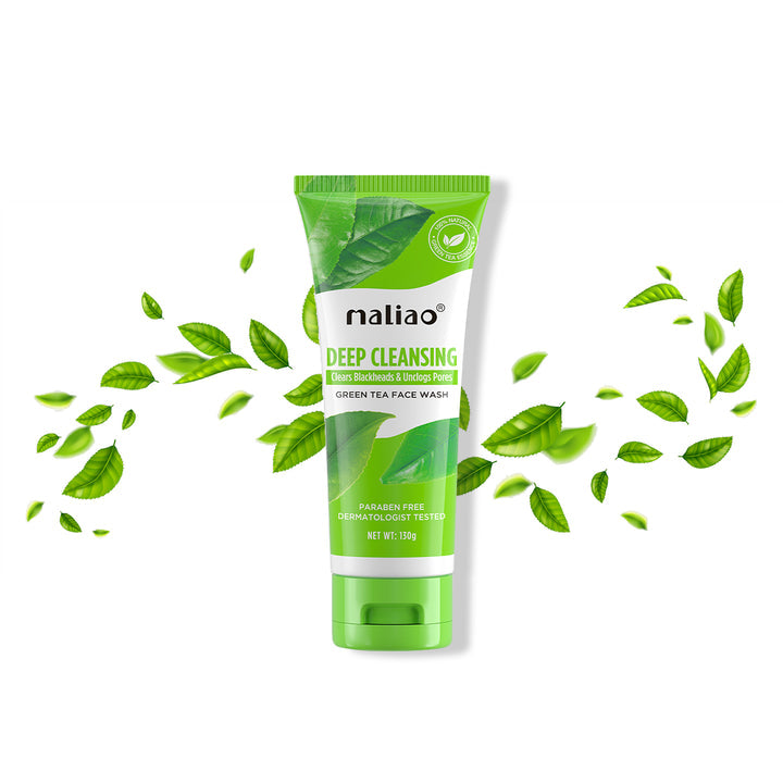 Green tube of maliao Deep Cleansing Green Tea Face Wash with green leaves on a white background