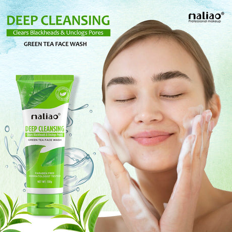 Green tea face wash product with a woman applying it on her face, featuring the brand 'maliao'.