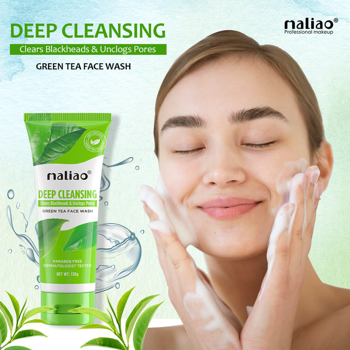 Green tea face wash product with a woman applying it on her face, featuring the brand 'maliao'.